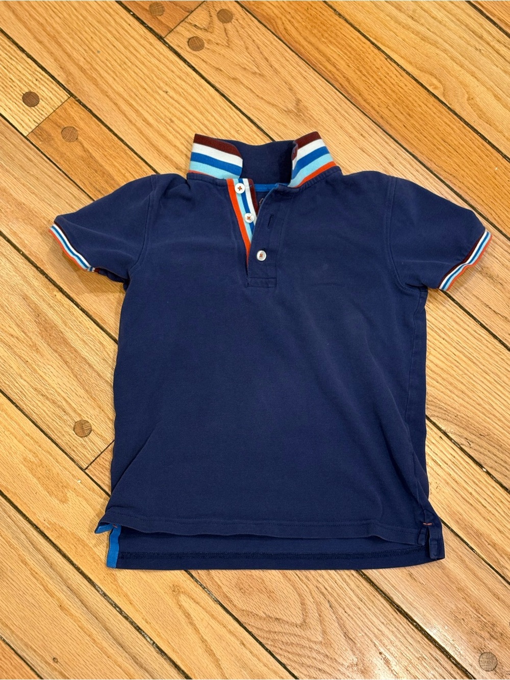 Boden Navy Polo with Multicolor Striped Collar boys 7/8 preppy cotton